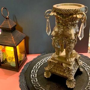 Majestic Lions Pedestal Candle Stand  w/ 4 Clear Crystals.Highest Quality Resin